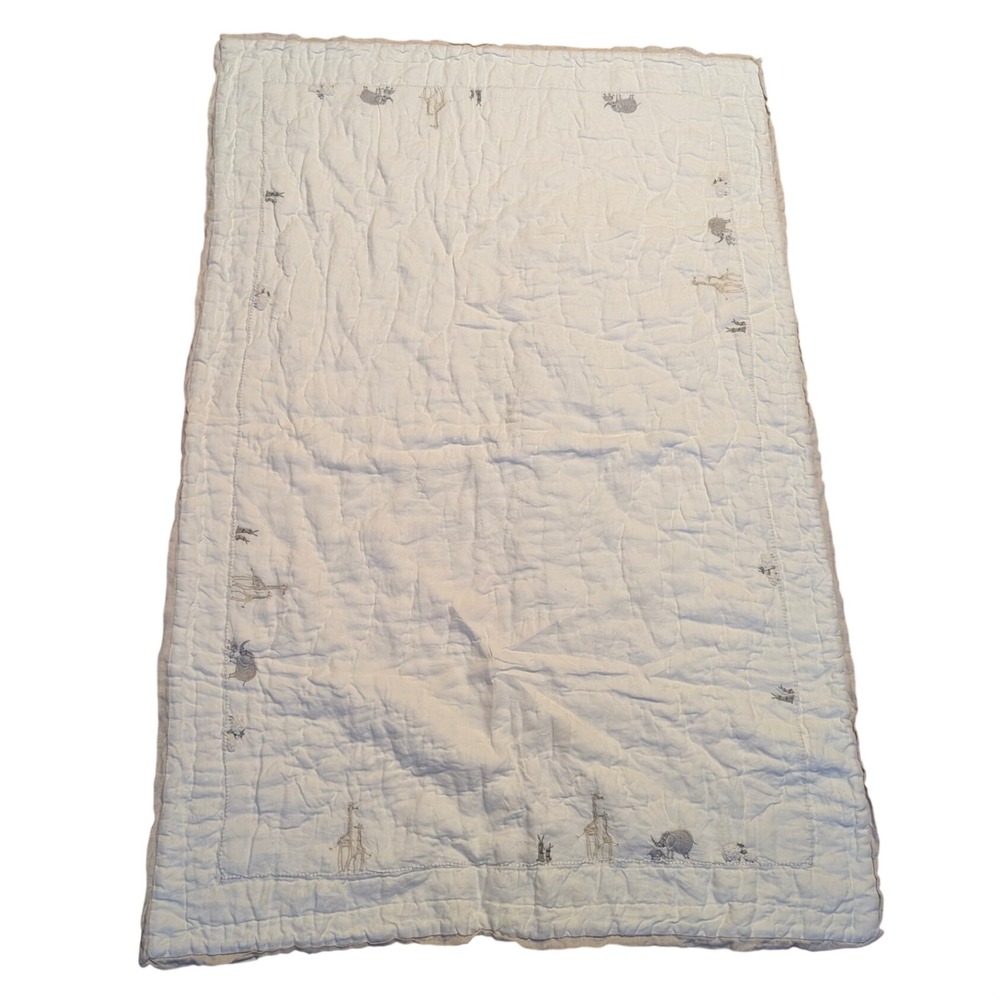Pottery Barn Kids White Quilted Baby Blanket Embroidered Safari Animals Quilt